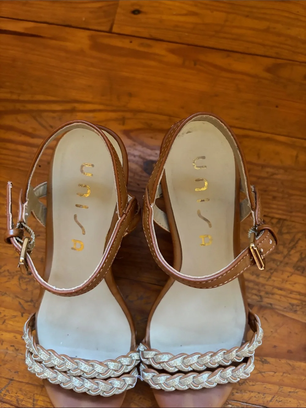 Unisa Tan Wedge Sandals with Gold Braided Straps